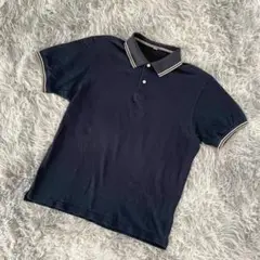 『UNIQLO』ユニクロ　半袖ポロシャツ　ネイビー　ストライプ　ボタン　(XL)