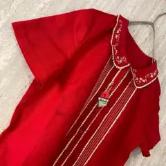 デッドストック ブラウス 半袖 お花刺繍 トリムレース 70S可愛い レッド