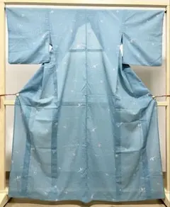 A 夏物 リーフ模様 淡いブルー 絽 紗 化繊 小紋 着物