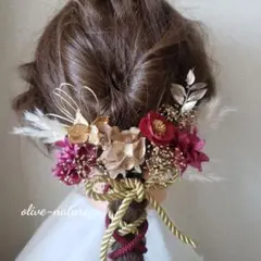 ヘッドドレス~紐アレンジ アネモネレッドゴールドstyle~髪飾りドライフラワー
