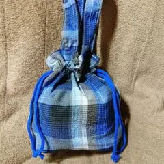 ブルーチェックの巾着バッグ…▲,,ハンドバッグ