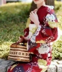 【高級変わり織り浴衣単品 えんじに撫子と萩ゆかた】■浴衣■新品未使用