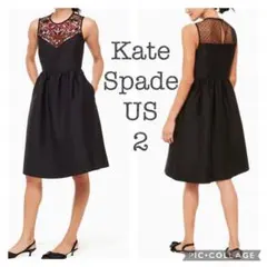 Kate Spade 赤、青、白、ピンクの花柄が刺繍されたの黒のワンピース