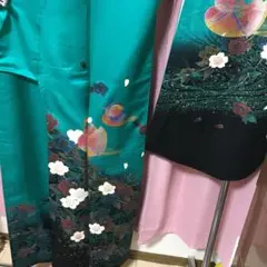 値下げ!鮮やかなエメラルドグリーンの振袖〜裄67/身丈166