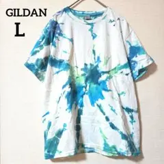 GILDAN 青と緑のタイダイ コットンTシャツ さわやか