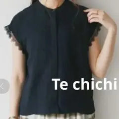 【テチチ】フレンチ袖　レース　比翼仕立て　ネイビー　ゆったり
