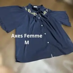axes femme ネイビー ひまわり刺繍 シャツ