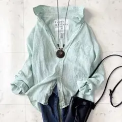 美品 フランクアンドアイリーン リネン100 シャツ XXS ミントグリーン 麻