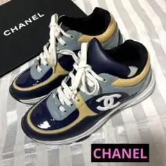 CHANELシャネルネイビー/イエローエナメルスニーカー37