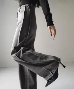 me+em select サイドタック切替ハイウエストストレートデニム