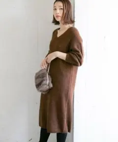 アーバンリサーチロッソ 片畦 Vネック ニット ワンピース