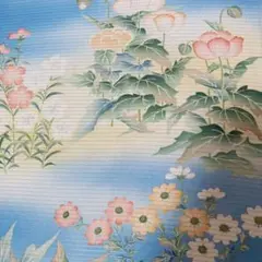 正絹古布絽縮緬　青、黃暈しに花