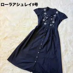 美品ローラアシュレイ刺繍入り黒ブラックフレンチ袖ボウタイワンピース