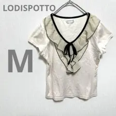 ロディスポット　半袖Tシャツ　フリルVネック　リボン　ベージュ　日本製　M