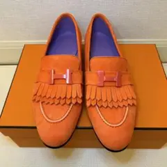 エルメススエードフリンジロゴモカシン37
