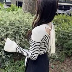 GRL ボーダー柄バックリボンフレアスリーブニットトップス[k9205d]