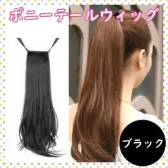 ポニーテールウィッグ ブラック ロングエクステ つけ毛 45cm リボン