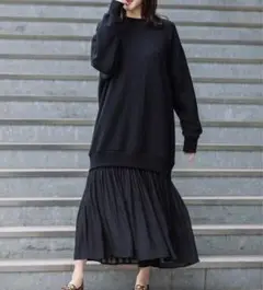 Munich 裏毛×ジョーゼット スウェットワンピース 黒
