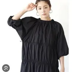 ナイロン タフタ ロング　ワンピース フレア　ティアード ブラック 5分丈 黒