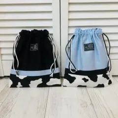 (#296)給食袋2p/カウ柄/ペールブルー/コップ袋/小物入/入園入学/ポーチ