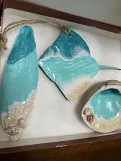 値下げ！レジン波アート装飾品3点セット、貝殻、甲、夏休み、自由研究