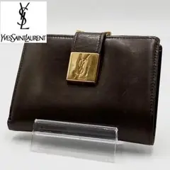 美品 イヴサンローラン がま口 折り財布 レザー カーフ YSLロゴ プレート