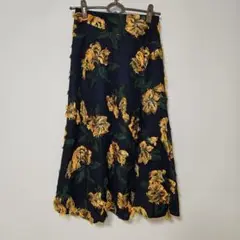 ハルズアミ　刺繍　フリンジ　花柄　ロング　スカート　個性的　お洒落　紺色