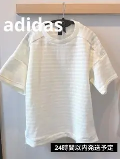 adidas オシャレ　ホワイト リブ編み 半袖Tシャツ サイドジッパー