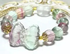 （458)フローライト可愛いリボン＆ハートのブレスレット♡天然石♡パワーストーン