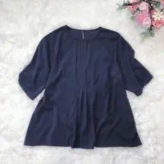 humpy 半袖ピンタックブラウス M トップス シンプル ベーシック 仕事 紺