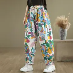 プリント テーパードパンツ 着痩せ 大きいサイズ ハイウエスト 九分丈 個性的