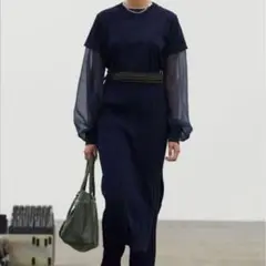 HYKE ハイク　シアースリーブ　ニット　ネイビー