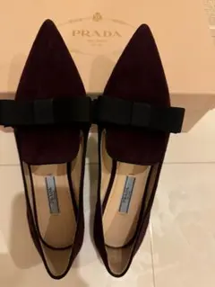 PRADA 黒 レザー ポインテッドトゥフラットシューズ リボン付き ☆Prada☆ロゴ入り レザーリボン付 バレエシューズ (PRADA