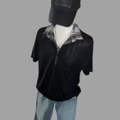 00s archive フェイクレイヤード 半袖シャツ 光沢 トリプルジップ 黒