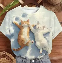 猫デザイン マルチカラー Tシャツ M トラネコ　白猫　おひるね　猫柄Tシャツ