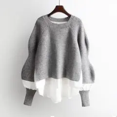 【XL】レイヤード風 ドッキングブラウス ニット セーター