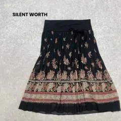 a2339＊SILENT WORTH プリーツスカート　黒　ペイズリー柄　膝下丈