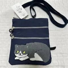 猫サガラ刺繍 ショルダーバッグ 軽量 斜め掛け ポシェット ネイビー