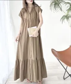 クラシカルエルフ ブラウン ロングワンピース フレンチスリーブ前後 XL夏物最終
