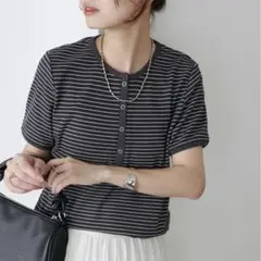 ワッフルリングドット半袖Tシャツボタン付き半袖Tシャツ グレー×ホワイト