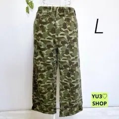 ブラウニー・ ワイドパンツ カジュアルパンツ L 迷彩柄 グリーン 綿/麻混