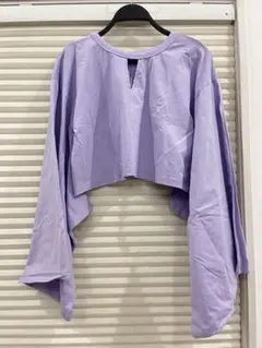 薄紫 クロップド丈 長袖Tシャツ　ボリューム袖　パープル　個性的　F