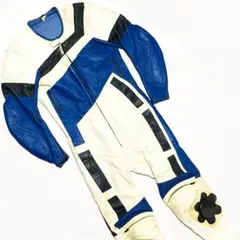 LLサイズ レザー レーシングスーツ ツナギ 白 青 本革 ハードカップ 本皮