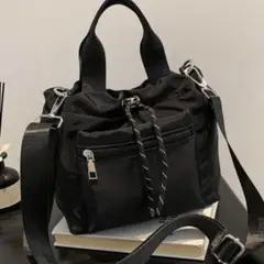 ショルダーバッグ 2way 巾着型 大容量 ブラック