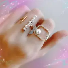 d35☆新作アイテム☆2個セット キラキラ リング☆パール指輪◆E27