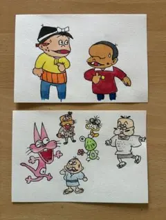 手描き水彩画　モーレツア太郎とデコッパチ、他キャラクター　ハガキサイズ