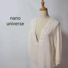 B190ナノユニバースブラウスレースギャザーシアークリーム白Vネック刺繍M