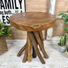 オールドチーク天然無垢材枝脚丸花台木製飾り台（35㎝×42㎝）サイドテーブル置台
