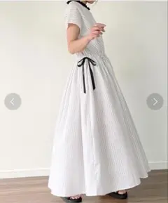 新品✨JUNOAH ジュノア ストライプリボンAラインワンピース　ゆったり　M
