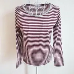 エル ELLE 38 M ボルドーと白のストライプ長袖Tシャツ ロンＴ 薄手